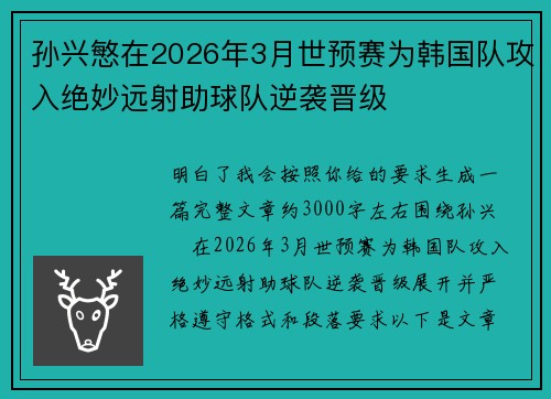 孙兴慜在2026年3月世预赛为韩国队攻入绝妙远射助球队逆袭晋级 孙兴慜在2026年3月世预赛为韩国队攻入绝妙远射助球队逆袭晋级