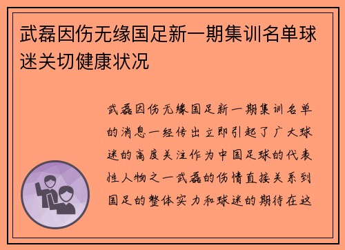 武磊因伤无缘国足新一期集训名单球迷关切健康状况 武磊因伤无缘国足新一期集训名单球迷关切健康状况